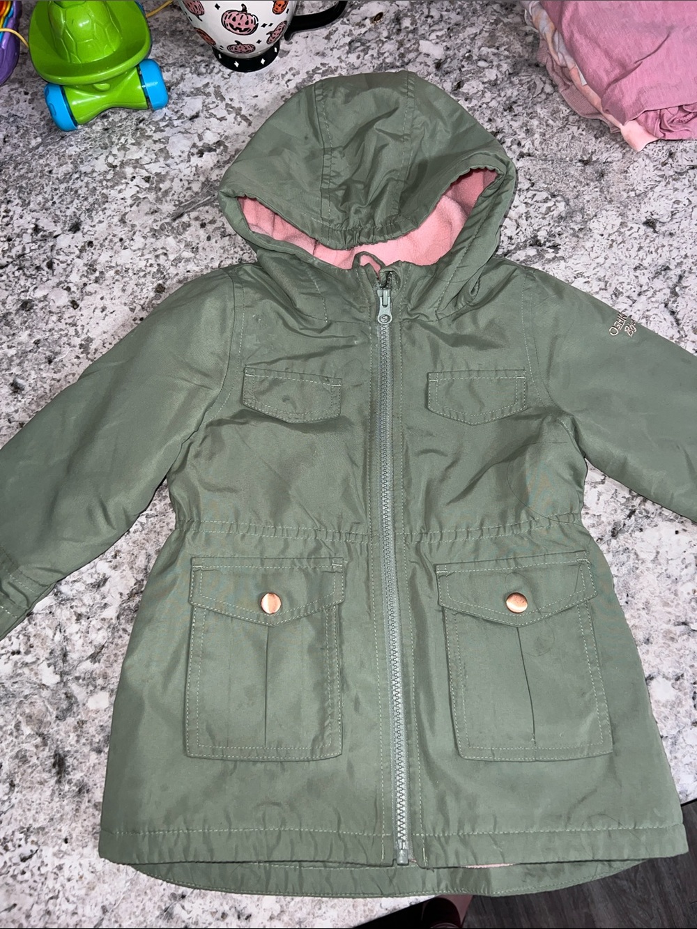OshKosh B'gosh Olive Green Hooded Raincoat with Pink Lining